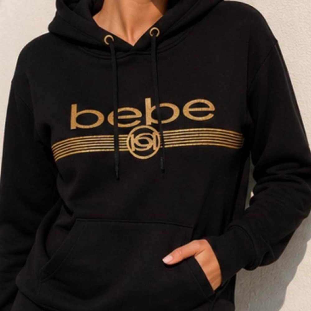 Bebe Sport Womens Black Gold Glitter Logo Hoodie Y2K McBling Pullover Medium